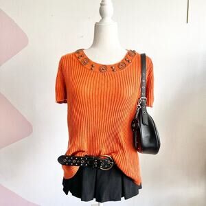 Orange Beaded Ribbed Top,‎ Y2K Boho Bohemian 2000s XL Festival Vacation